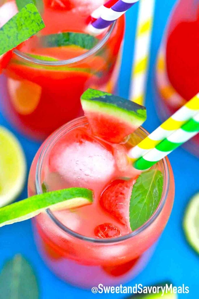 glass of how to make boozy watermelon lemonade over ice
