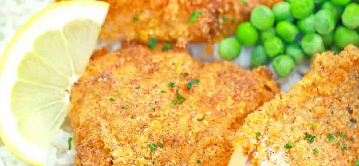 air fried fish fillets served with rice and green peas