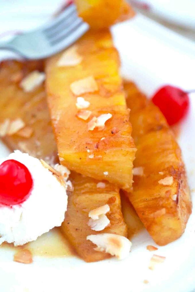 cinnamon fried pineapple with whipped cream