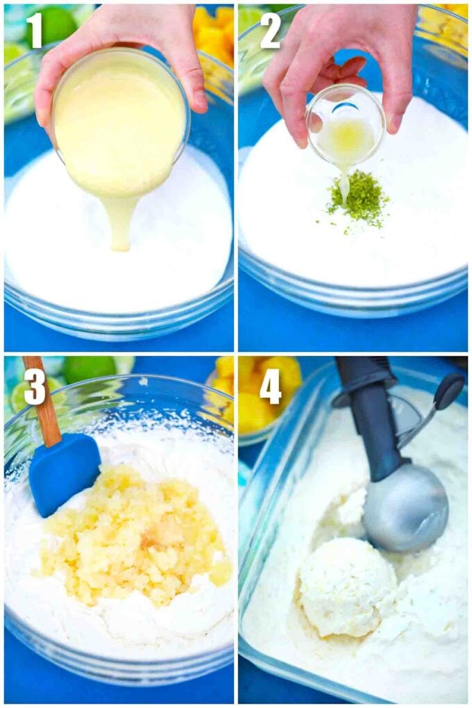 photo collage of steps how to make no churn pineapple ice cream