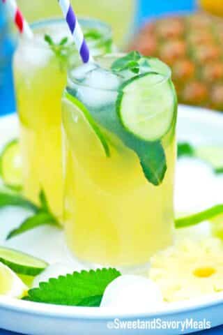 glasses of pineapple lemonade with cucumber