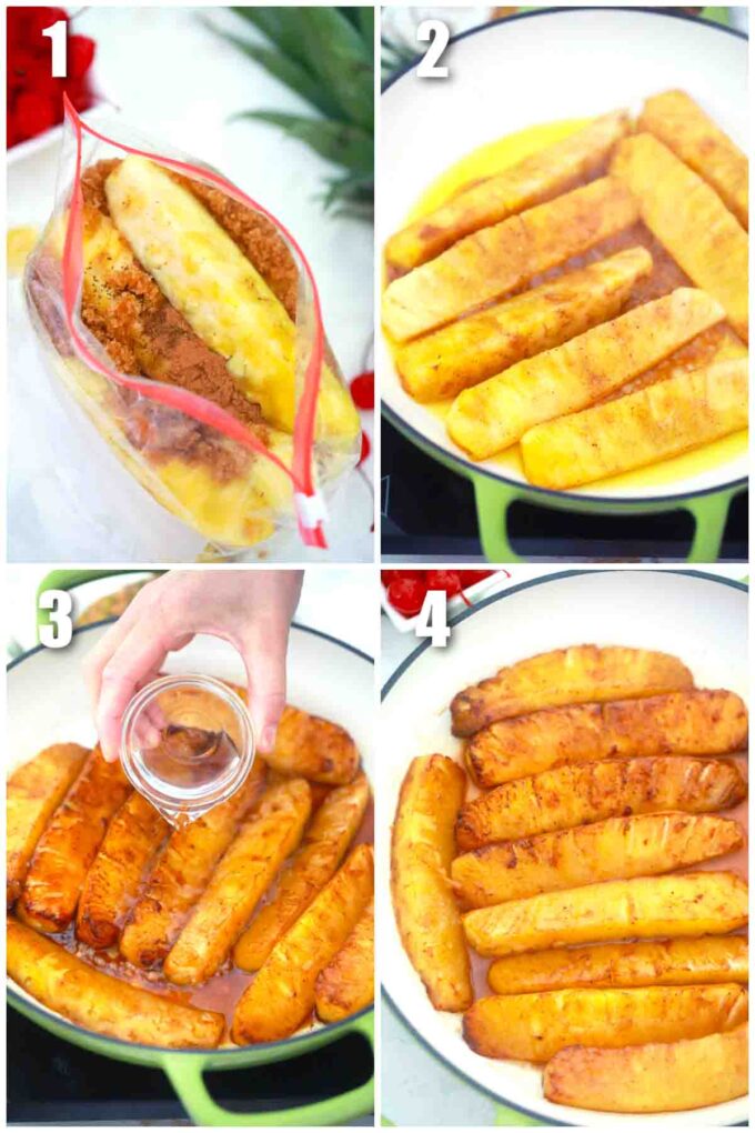 photo collage of steps how to make cinnamon fried pineapple