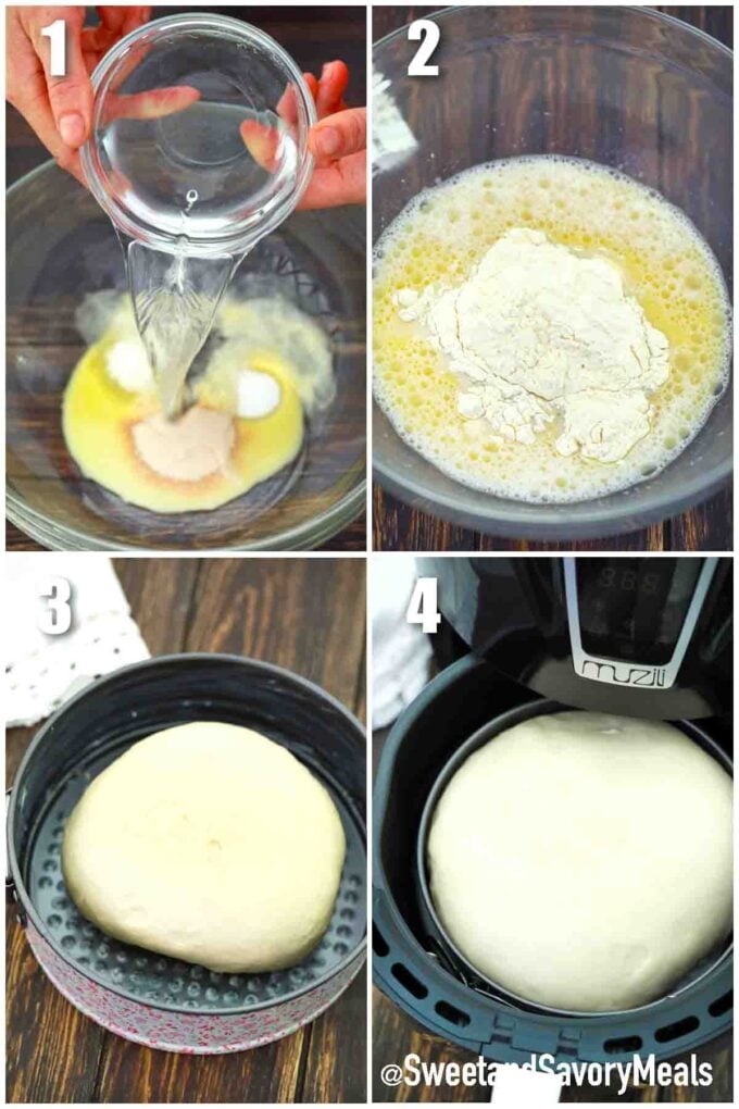 photo collage of steps how to make no knead air fryer bread