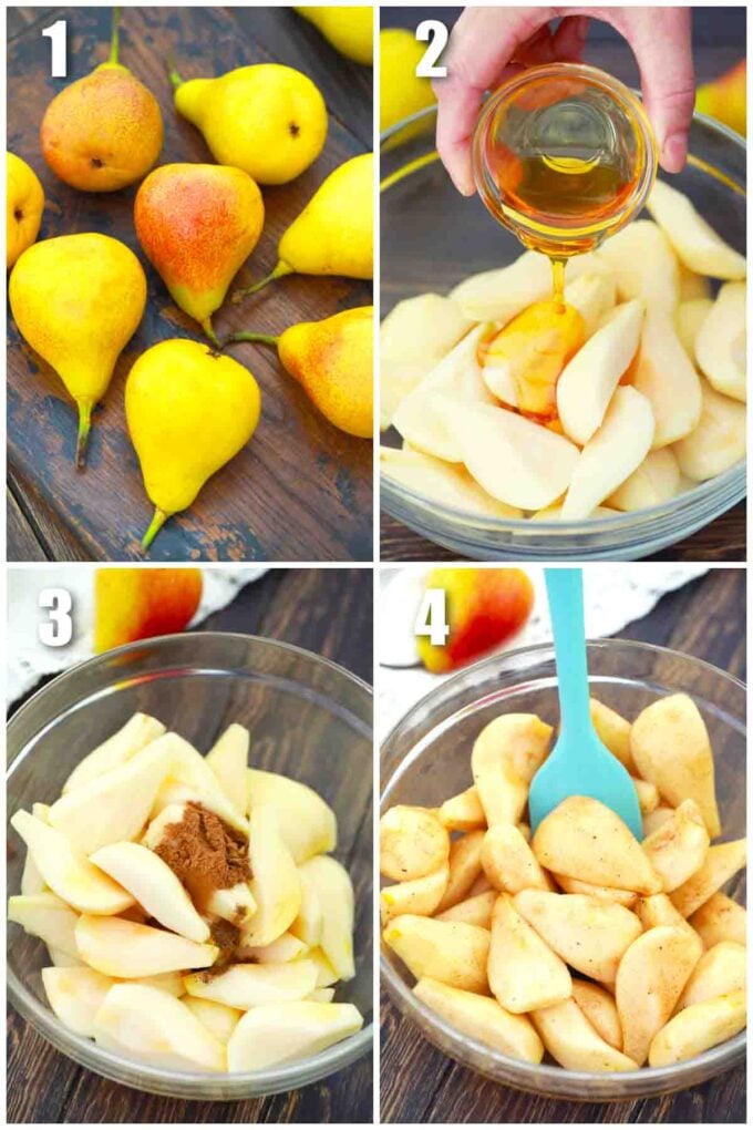 photo collage of steps how to make air fryer pears