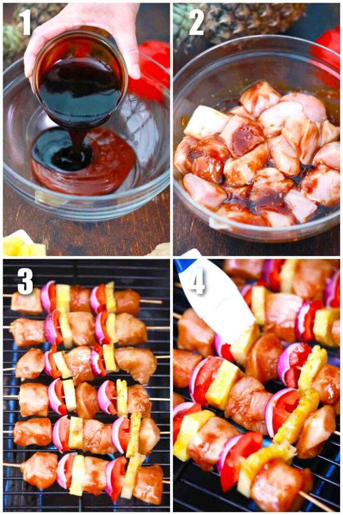 photo collage of steps how to make bbq chicken kabobs