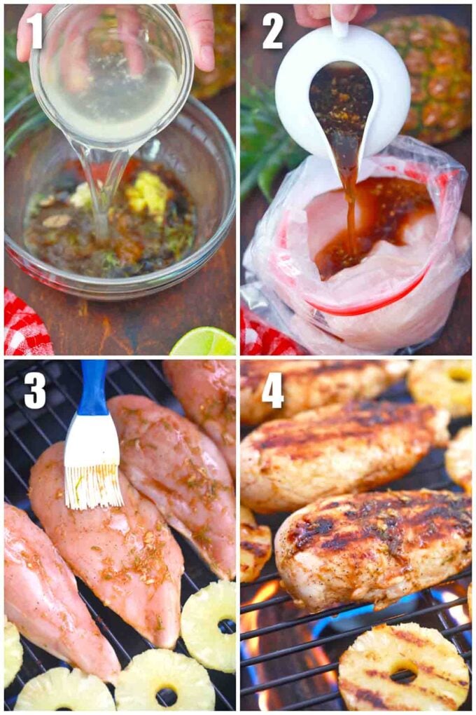 photo collage of steps how to make grilled pineapple chicken