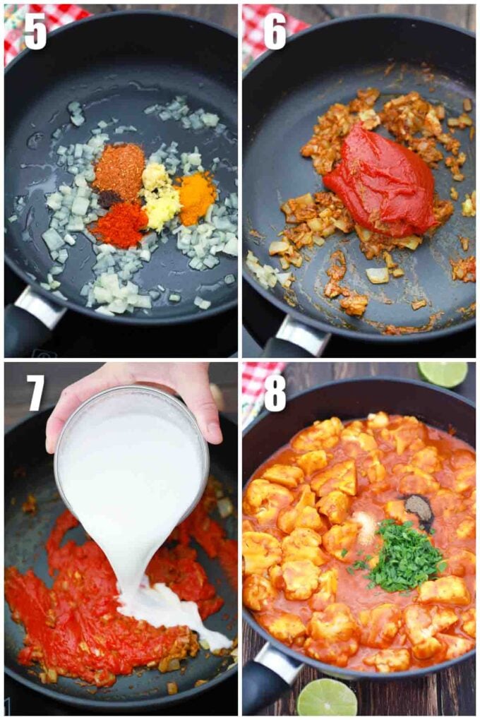 photo collage of steps how to make indian coconut butter cauliflower