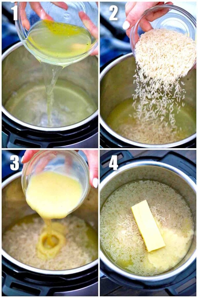 photo collage of steps how to make instant pot stick of butter rice