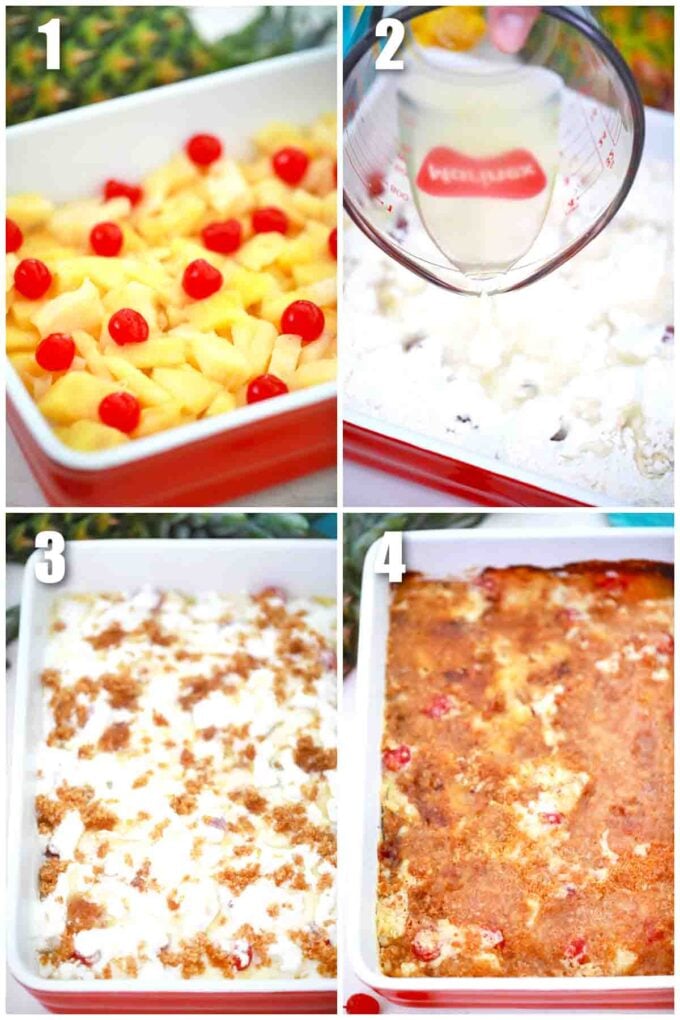 photo collage of steps how to make pineapple dump cake
