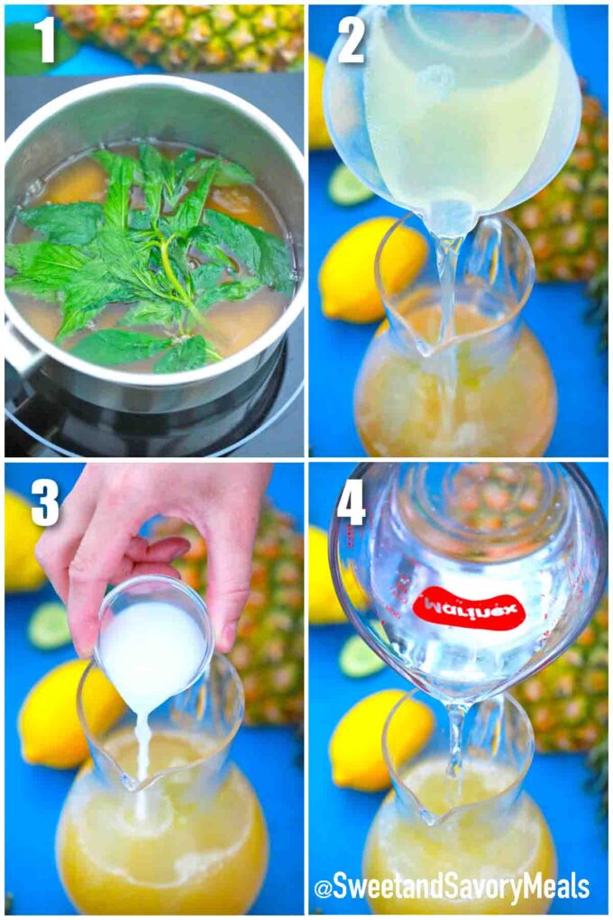 photo collage of steps how to make pineapple lemonade