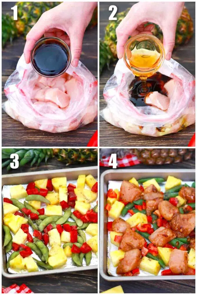 photo collage of steps how to make teriyaki chicken and pineapple