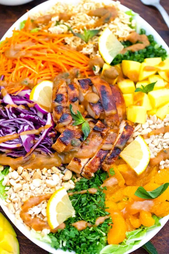 overhead shot of a platter of asian chicken salad