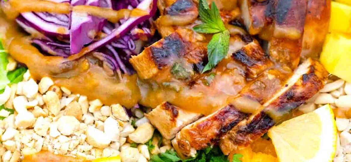 overhead close shot of asian chicken salad with crunchy ramen noodles