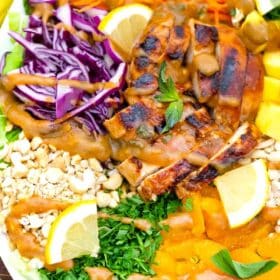 overhead close shot of asian chicken salad with crunchy ramen noodles