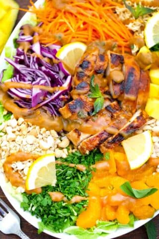 overhead close shot of asian chicken salad with crunchy ramen noodles