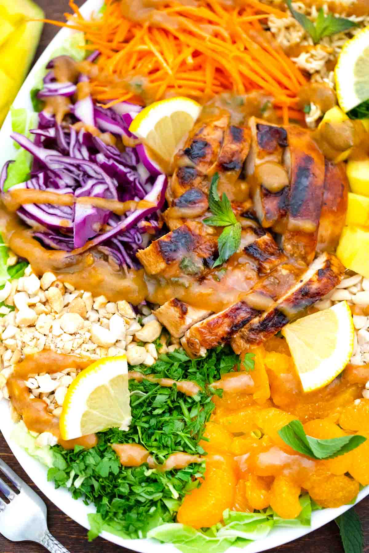 overhead close shot of asian chicken salad with crunchy ramen noodles