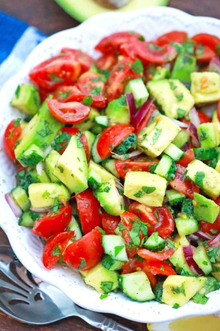 overhead shot of cucumber avocado salad