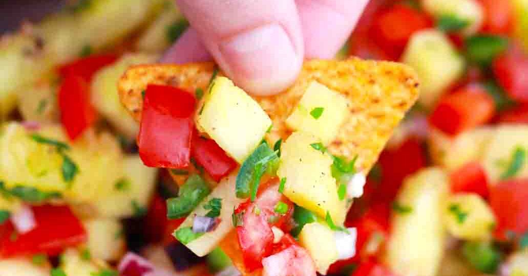 pineapple salsa on a corn chip