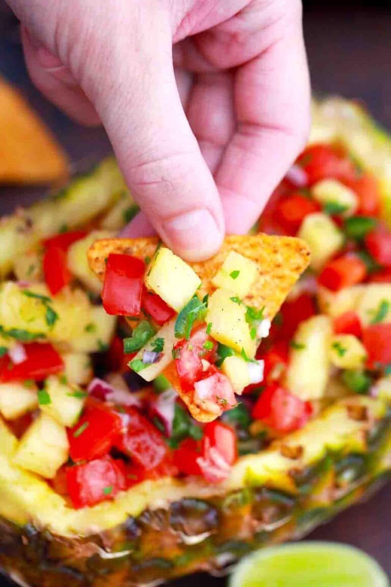 pineapple salsa on a corn chip