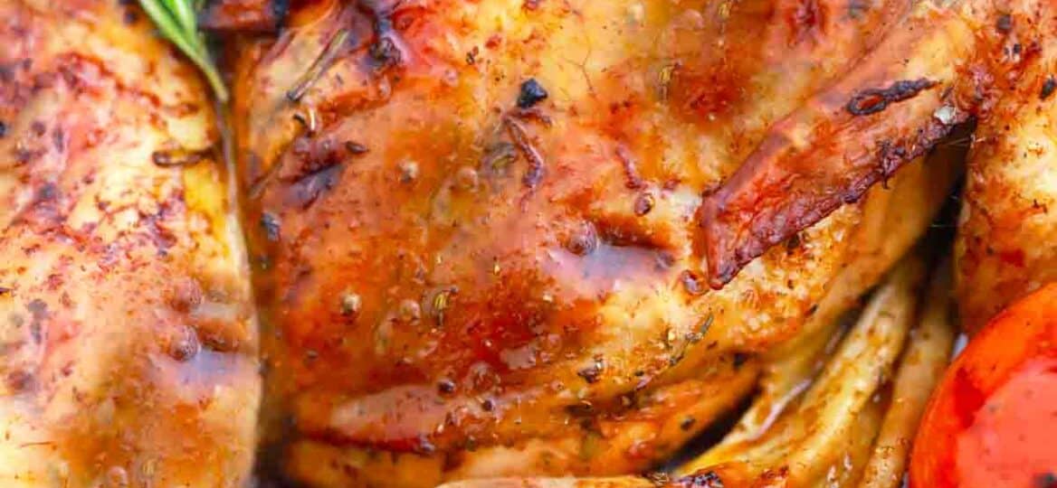 overhead shot of a grilled whole chicken