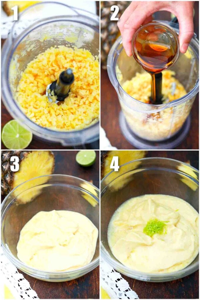 photo collage of steps how to make no churn pineapple sorbet recipe