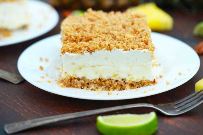 a plate with a slice of no bake pineapple dream dessert