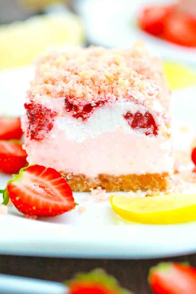 close shot of a slice of no bake strawberry dream dessert