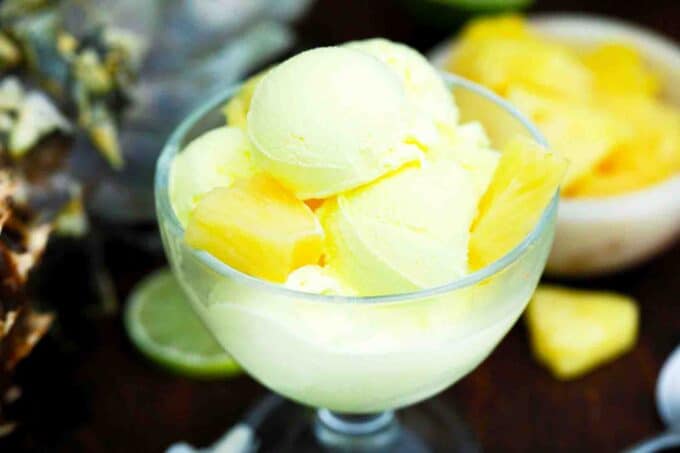 an ice cream cup with no churn pineapple sorbet