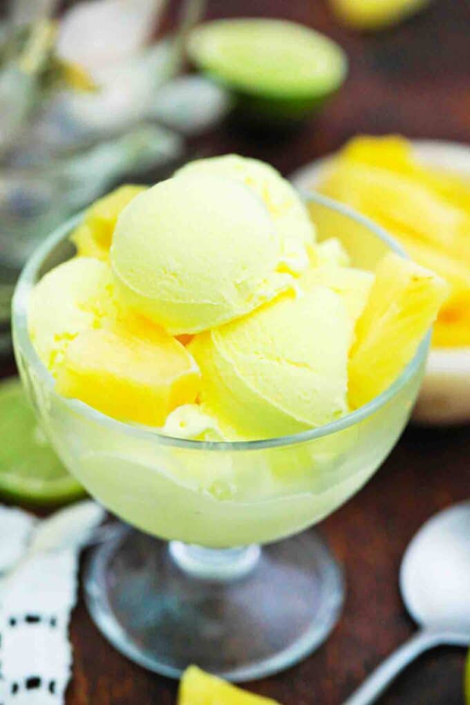 an ice cream dish with no churn pineapple sorbet