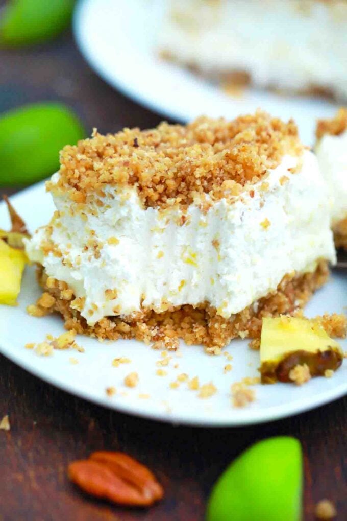 close shot of a bite of no bake pineapple dream dessert