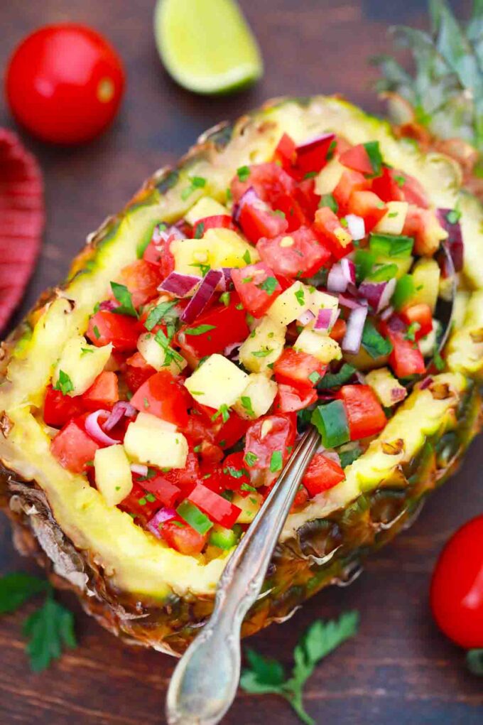 pineapple salsa served in a fresh pineapple