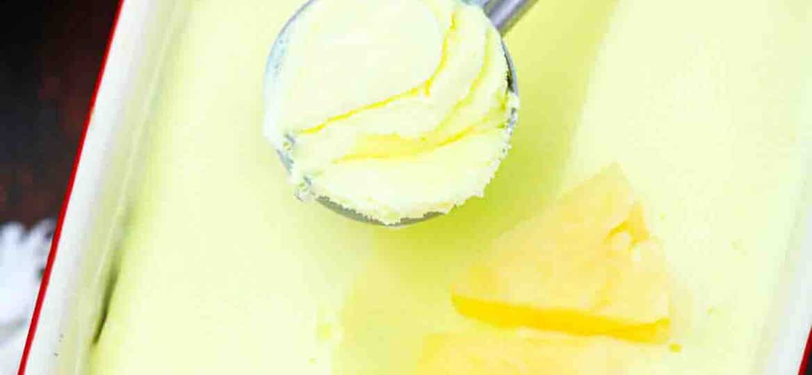 overhead shot of pineapple sorbet in a loaf pan