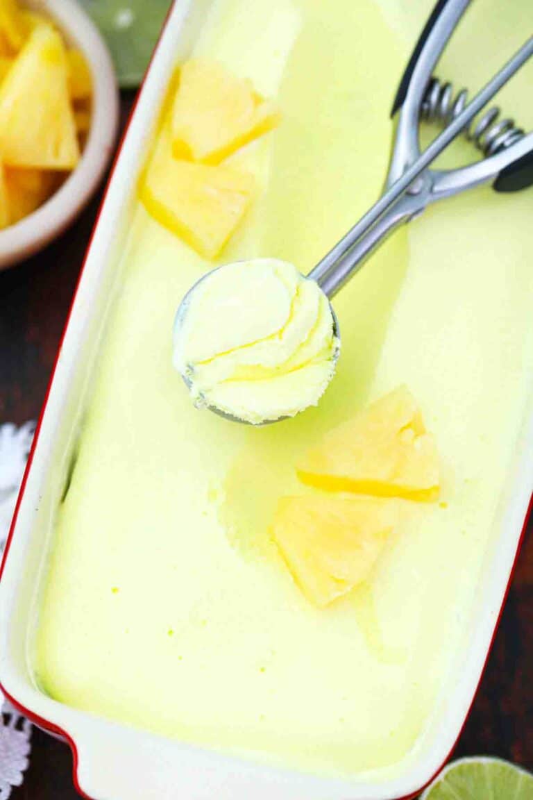 overhead shot of pineapple sorbet in a loaf pan