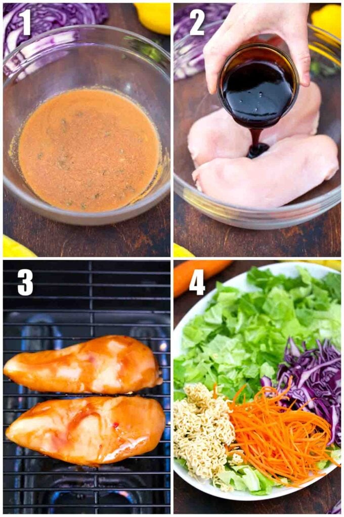 photo collage of steps how to make Asian chicken salad
