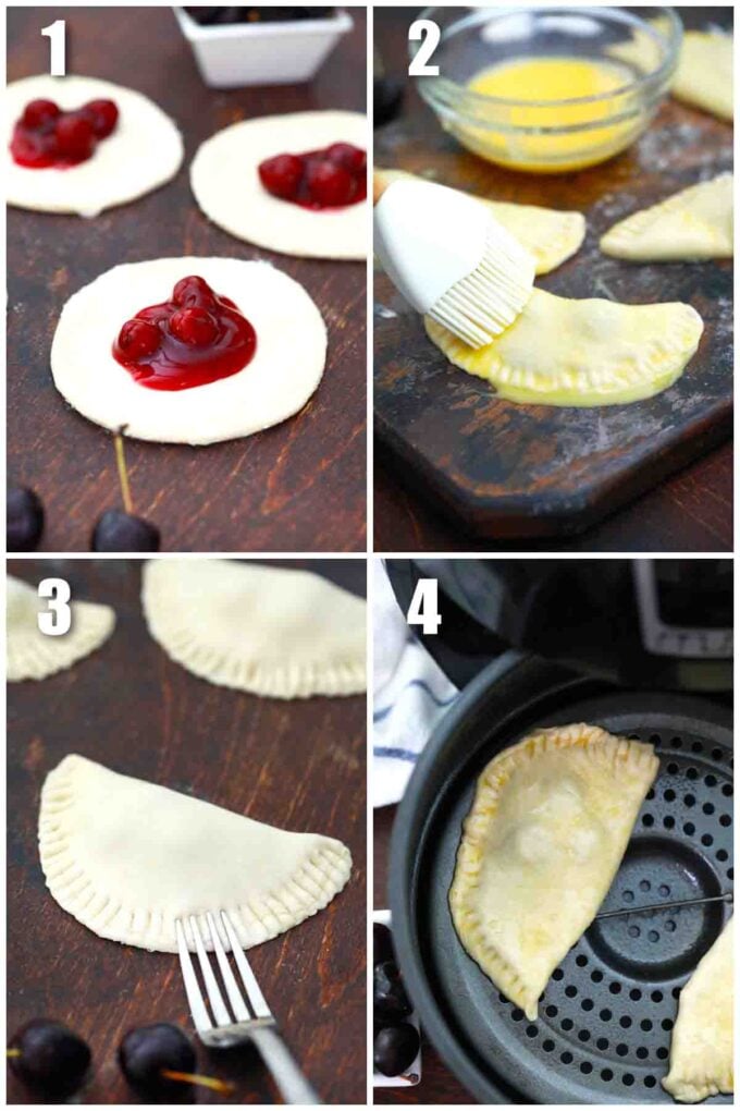 photo collage of steps how to make air fryer cherry pies
