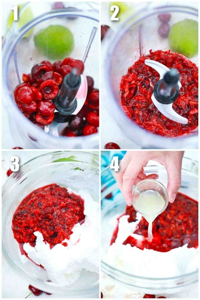 photo collage of steps how make cherry ice cream