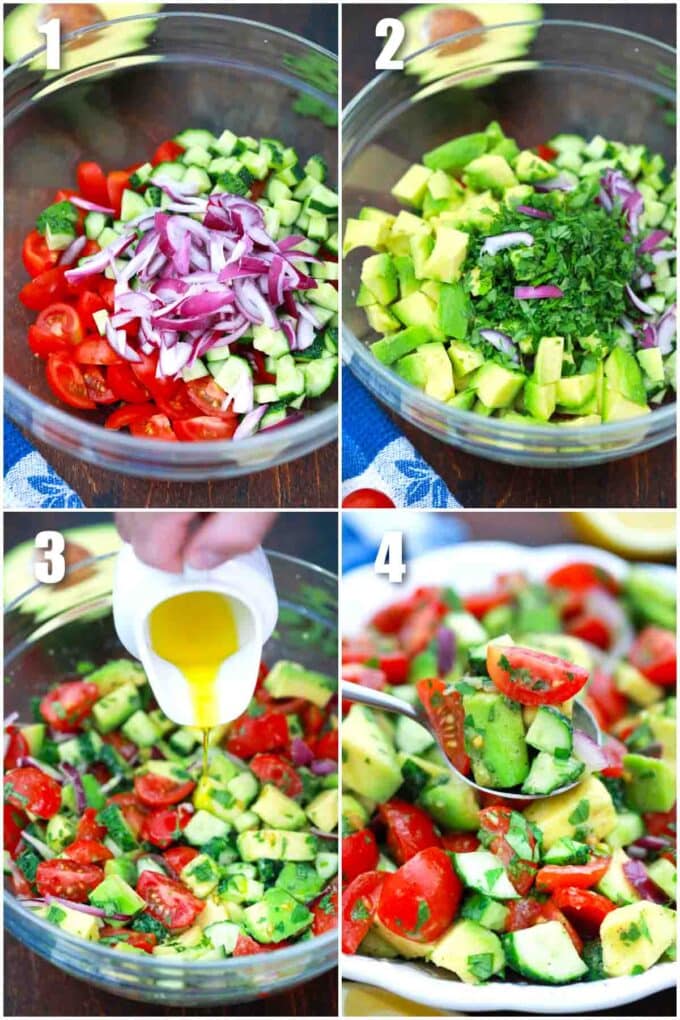 photo collage of steps how to make cucumber tomato avocado salad