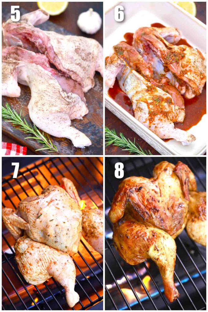 photo collage of steps how to make grilled whole chicken
