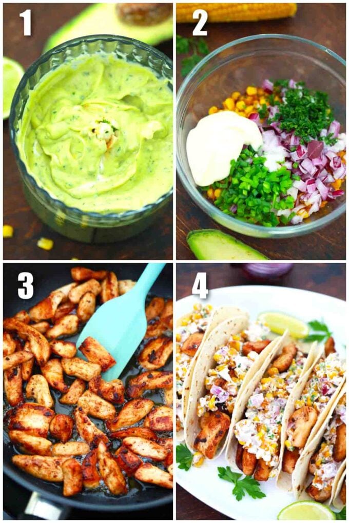 photo collage of steps how to make mexican street corn chicken tacos