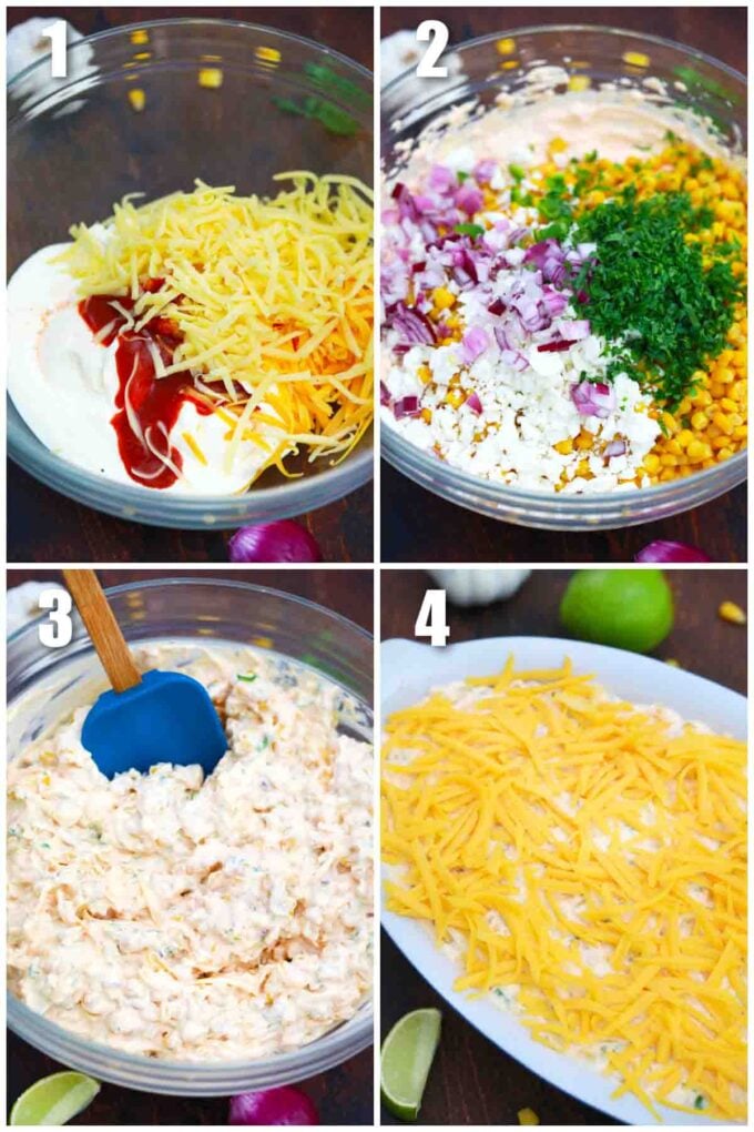 photo collage of steps how to make mexican street corn dip