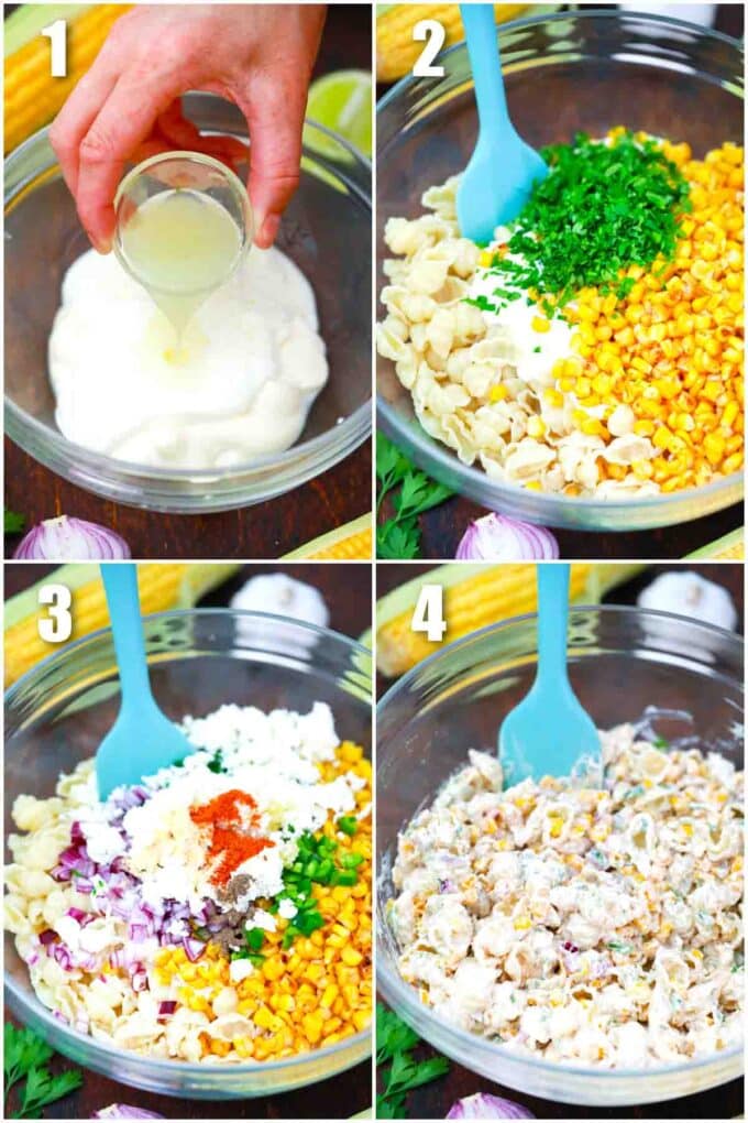 photo collage of steps how to make mexican street corn pasta salad