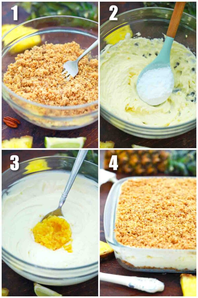 photo collage of steps how to make no bake pineapple dream dessert