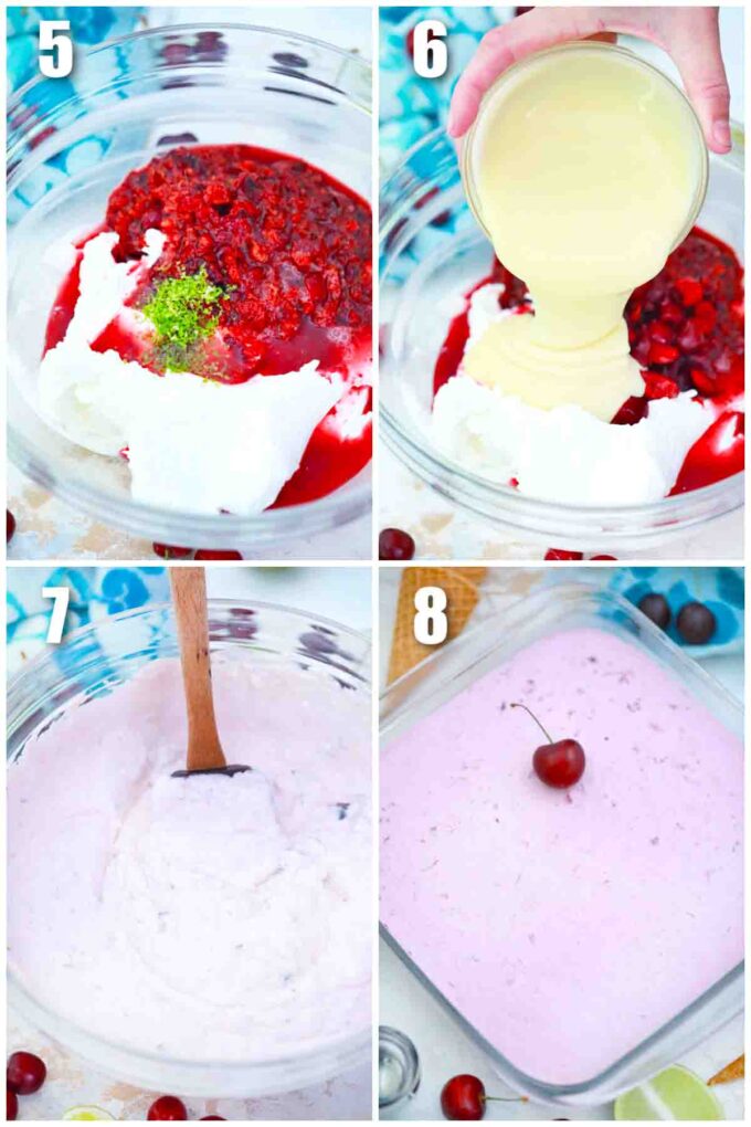 photo collage of steps how to make no churn cherry ice cream