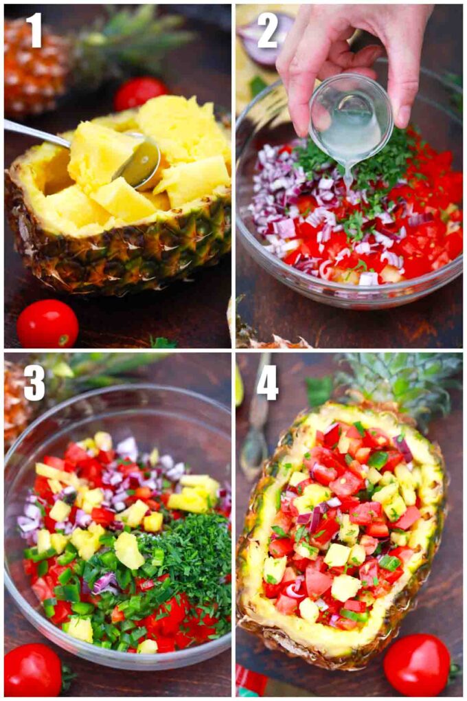 photo collage of steps how to make pineapple salsa