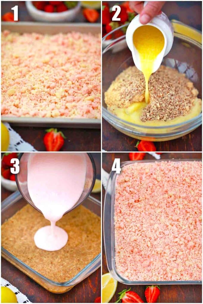 photo collage of steps how to make strawberry dream dessert
