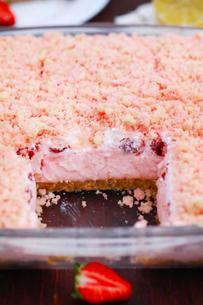 Strawberry dream dessert in a casserole dish.