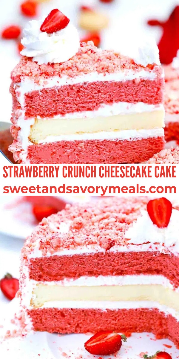 easy strawberry crunch cheesecake cake pin