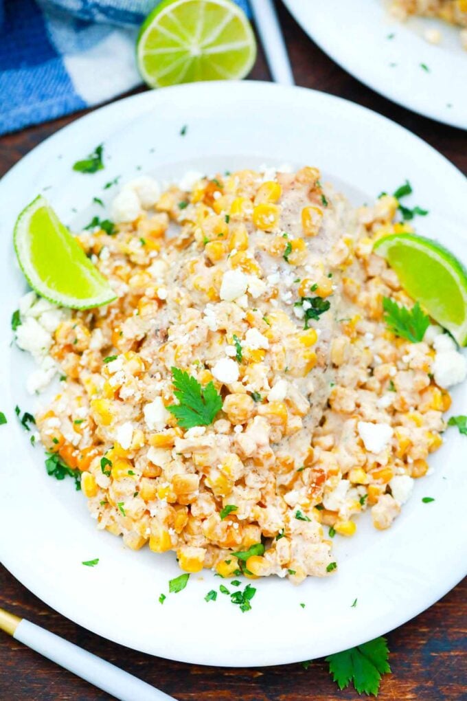Overhead shot of a plate with Mexican street corn chicken.