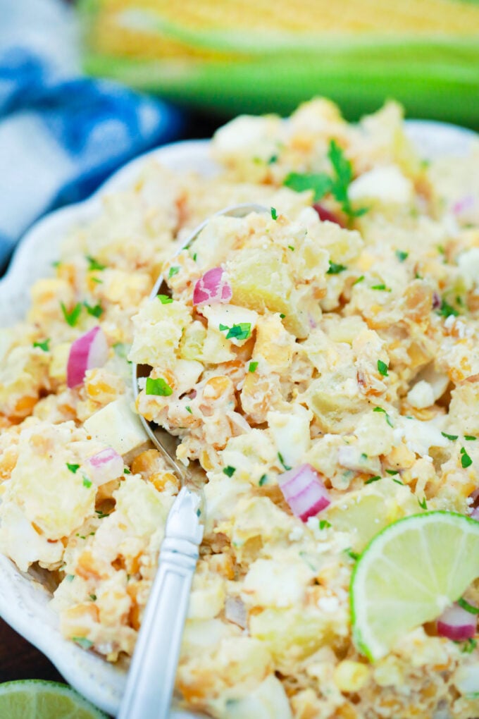 Creamy and chunky Mexican street corn potato salad.
