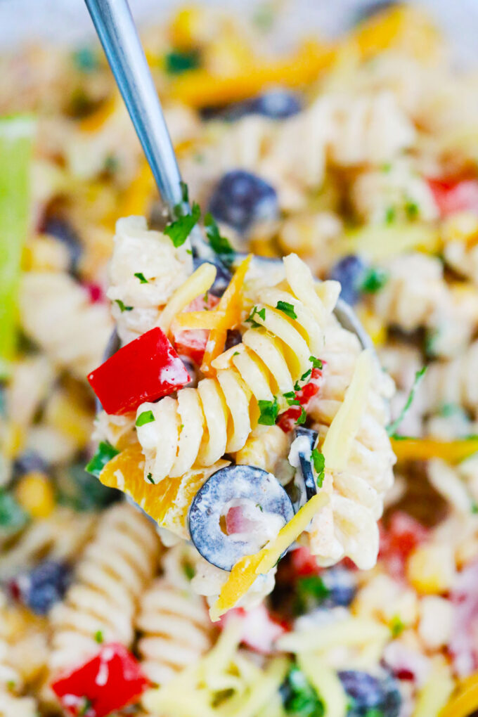 A spoonful of creamy Southwest Ranch pasta salad.